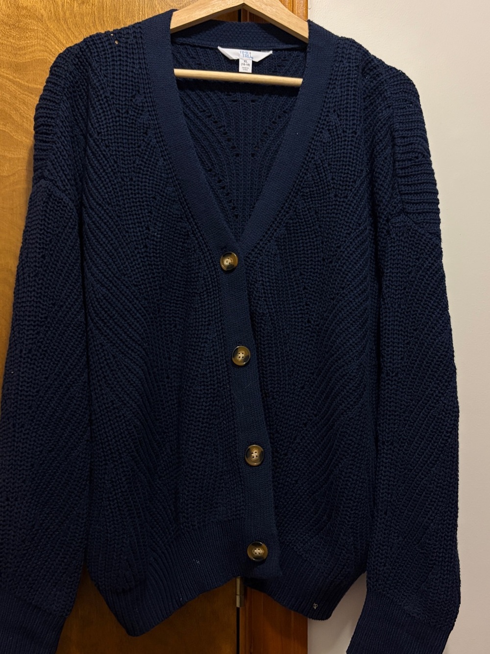 Time and Tru Navy Cable Knit Button-Front Cardigan
